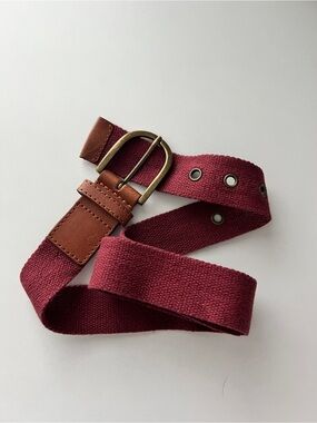 American Apparel Woven Burgundy Canvas Belt with Brown Leather Trim